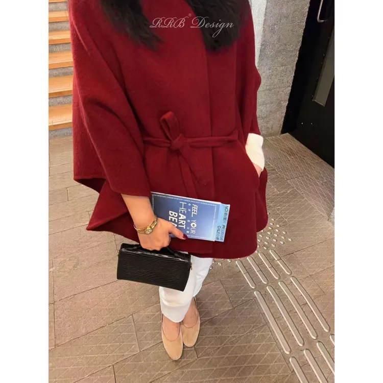 RRB Design 牦牛绒羊毛混纺宽松显瘦立领系带披肩外套