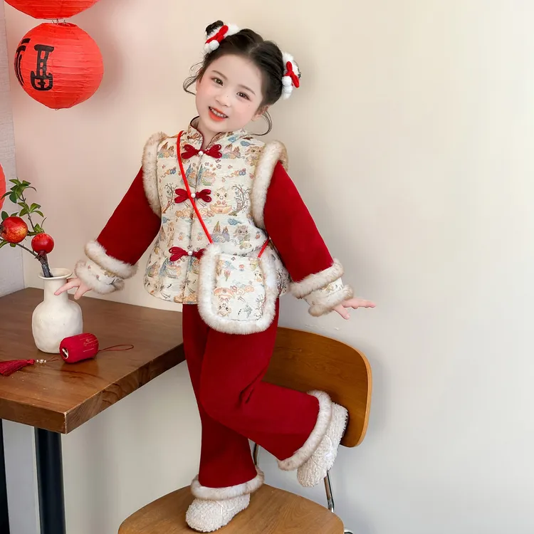 女童国风拜年服套装冬季2025新款儿童新中式汉服女宝宝冬装两件套