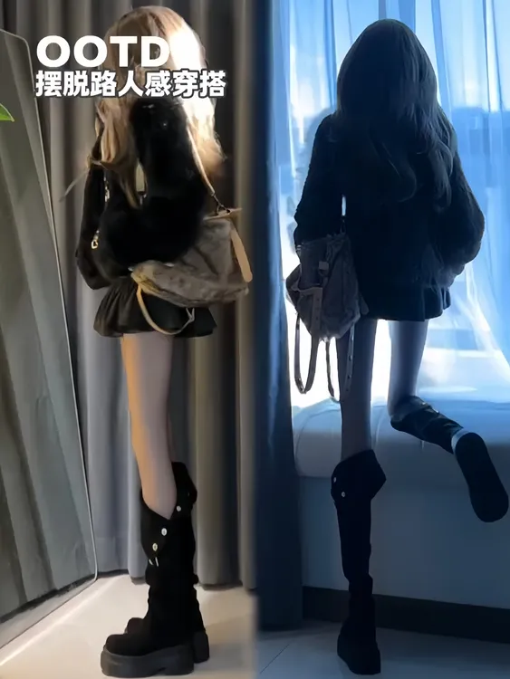 韩系黑色立领短款皮扣黑色毛毛外套女装秋季新款高腰百褶裙两件套