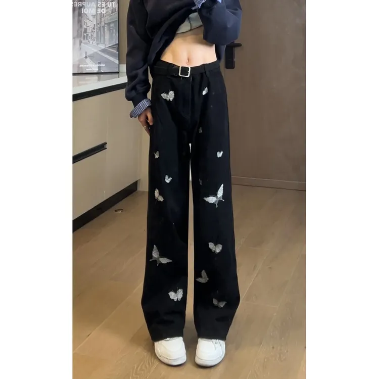 设计感蝴蝶刺绣水洗直筒牛仔裤男女同款秋季韩版复古高街阔腿裤