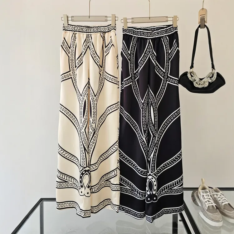 波嬉风夏季降温凉爽印花缎面阔腿裤女夏慵懒老钱风松弛感女裤