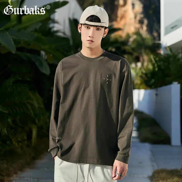 春秋新款重磅简约长袖t恤男士宽松打底衫潮牌刺绣圆领上衣