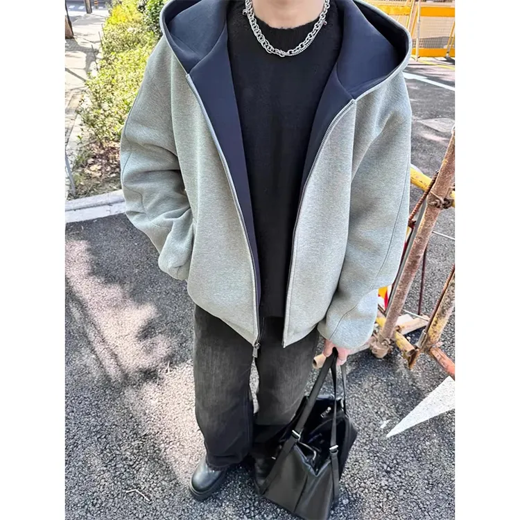 韩版时尚拼色两面穿开衫秋冬男士重磅宽松休闲双拉链外套连帽卫衣