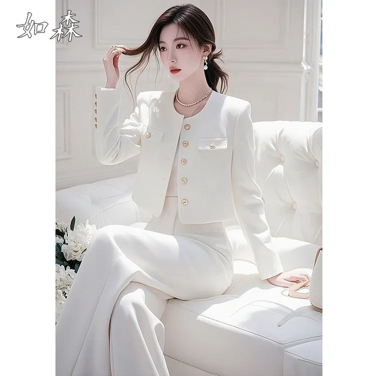 韩系搭配一整套小香风白色外套阔腿裤套装气质名媛高端两件套春季