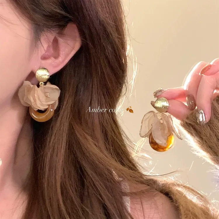 合金布艺耳饰 秋夜降临~咖色花瓣流苏耳环女复古美拉德气质耳钉