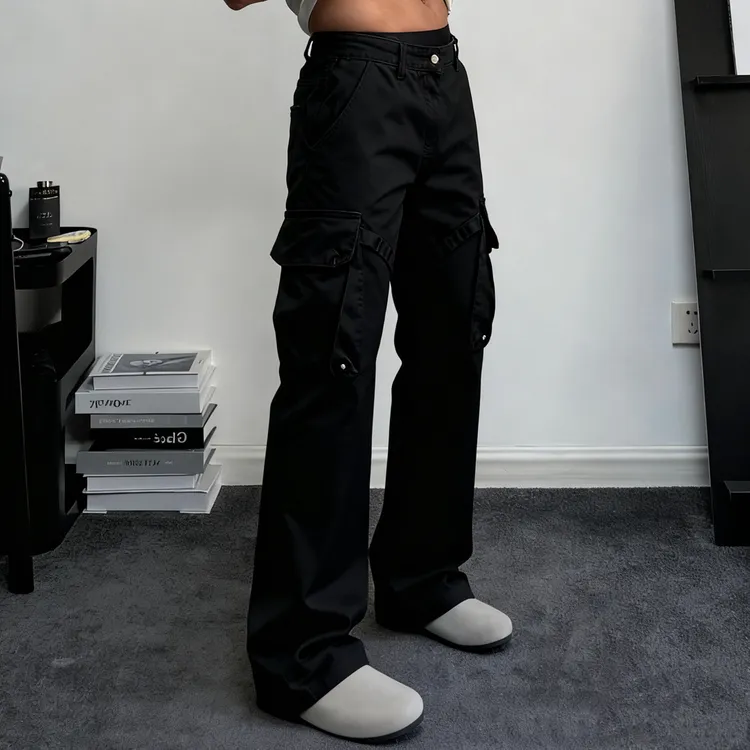 美式硬汉绑带机能vibe风卡扣微喇重水洗做旧工装裤立体裁剪长裤