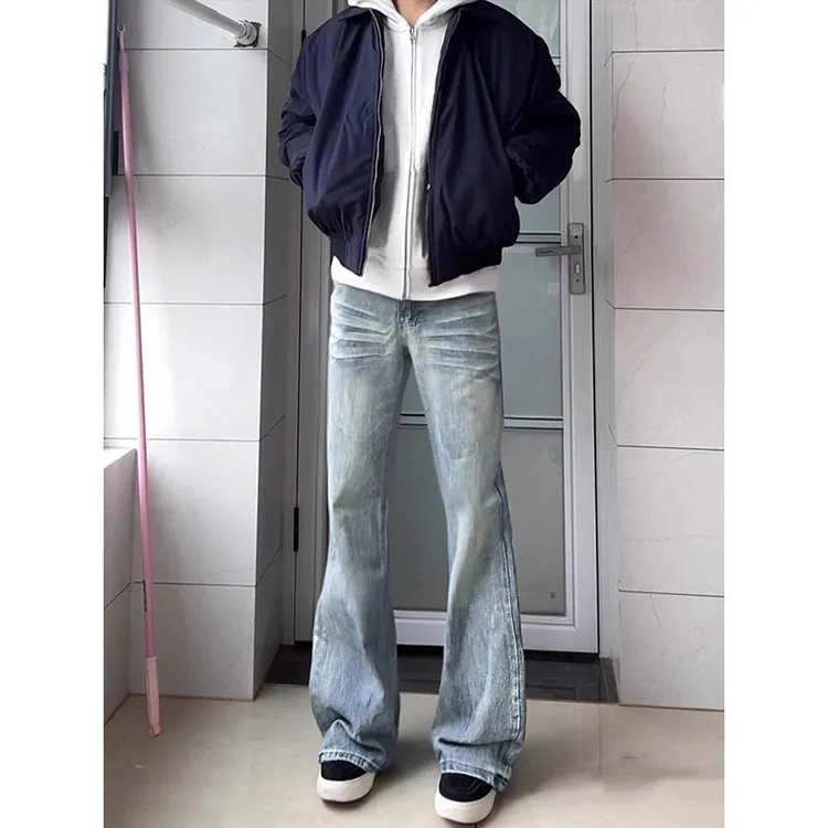 蓝色竹节纹牛仔裤男款美式高街水洗vibe风裤子潮流百搭直筒微喇裤