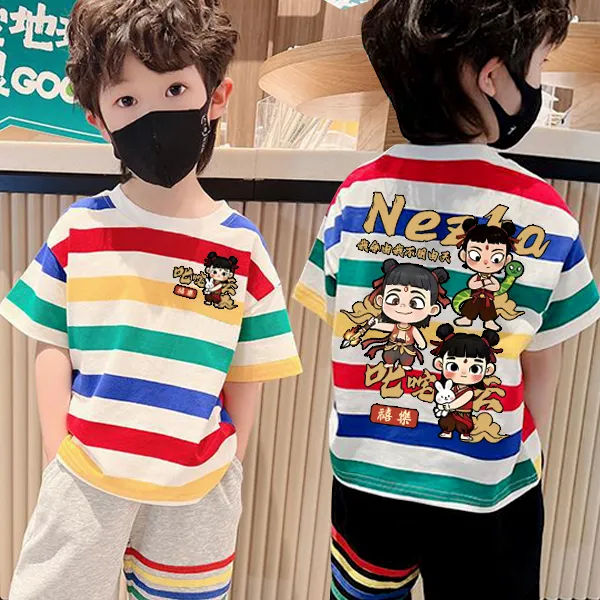 纯棉哪吒短袖T恤服装夏季圆领条纹儿童洋气上衣小童男童帅气女童T