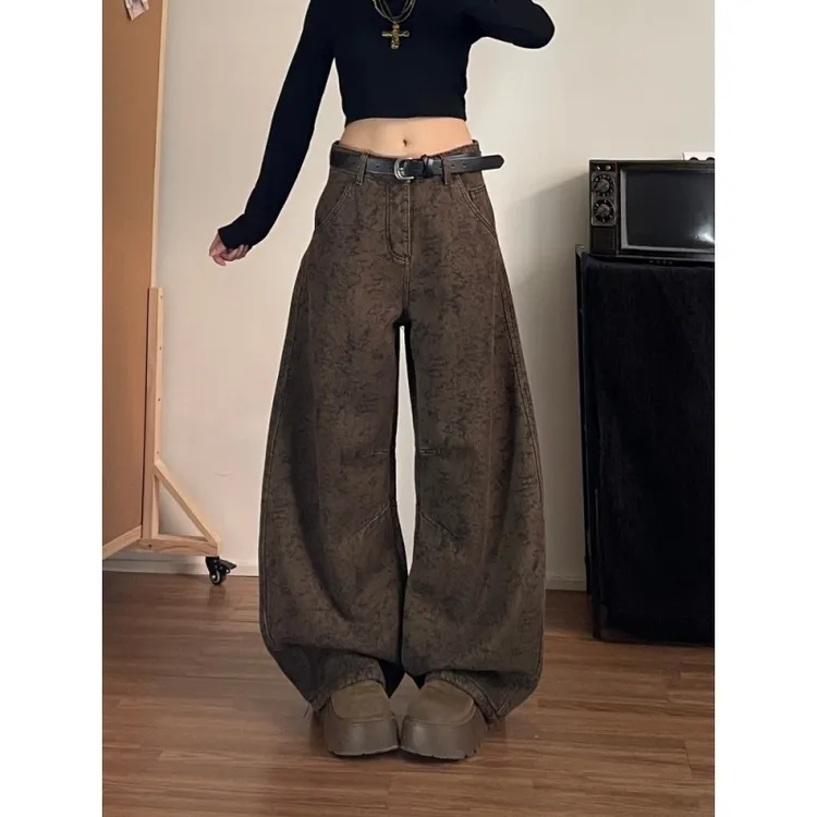 重工提花设计感阔腿牛仔裤女春季2026新款美式复古高腰宽松弯刀裤