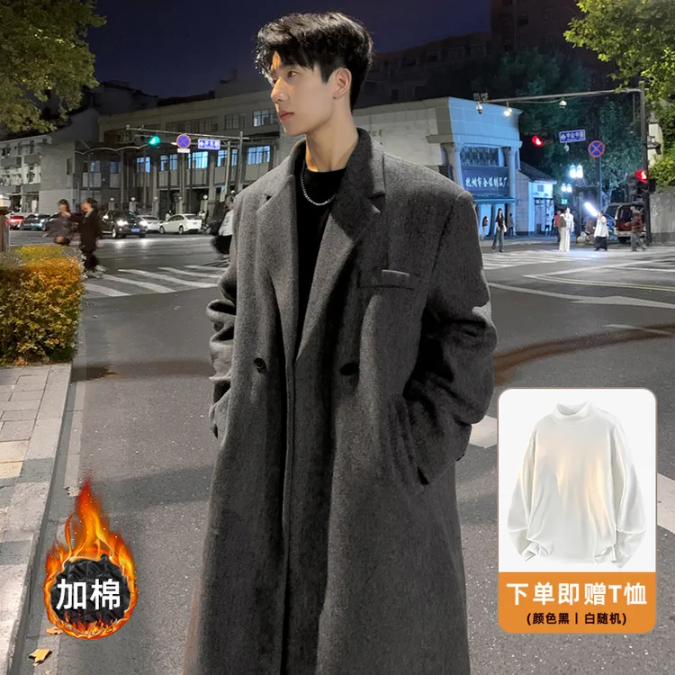 秋冬新款中长款英伦毛呢大衣男士过膝外套垫肩高级感夹棉呢子风衣