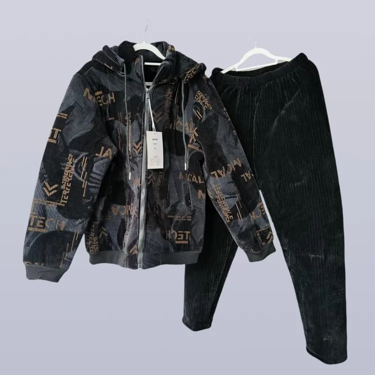 印花潮流加绒加厚冬季立领秋冬家居服套装连帽睡衣保暖一套过冬