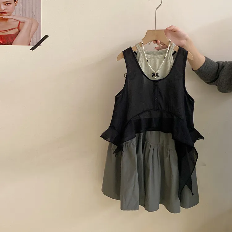 【安安家】女童夏季简约背心时尚不规则罩衫百搭半身裙三件套R26230