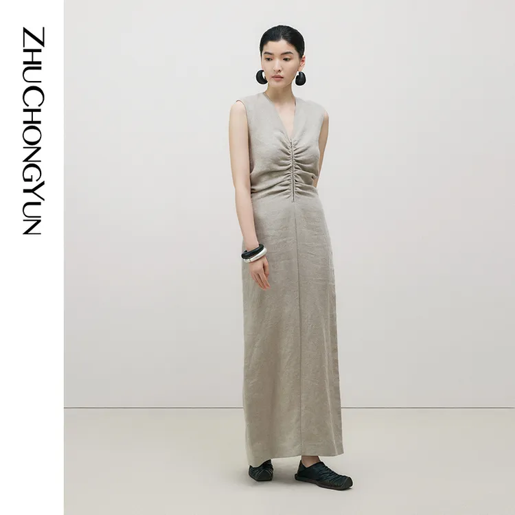 ZHUCHONGYUN夏新款优雅V领拉链褶皱设计感无袖连衣裙C1EG20176