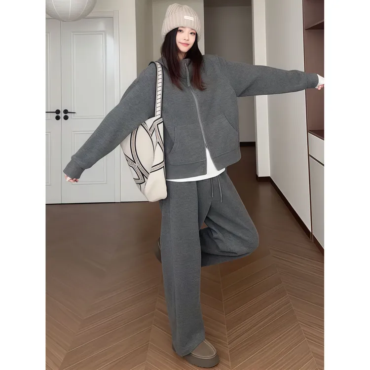 大码韩系双拉链连帽卫衣显瘦高腰直筒裤女秋休闲运动风穿搭两件套