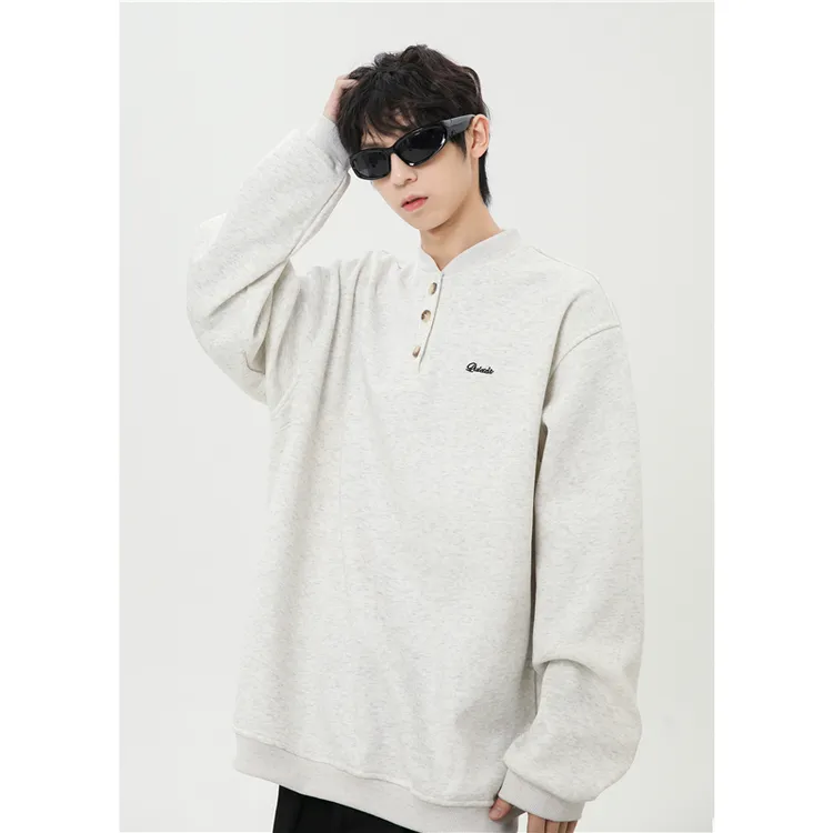 美式复古简约基础款亨利领套头卫衣百搭刺绣宽松男女休闲长袖上衣