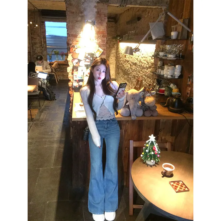 套装秋冬新款设计感小众时尚休闲长袖白色上衣高腰显瘦直筒裤长裤