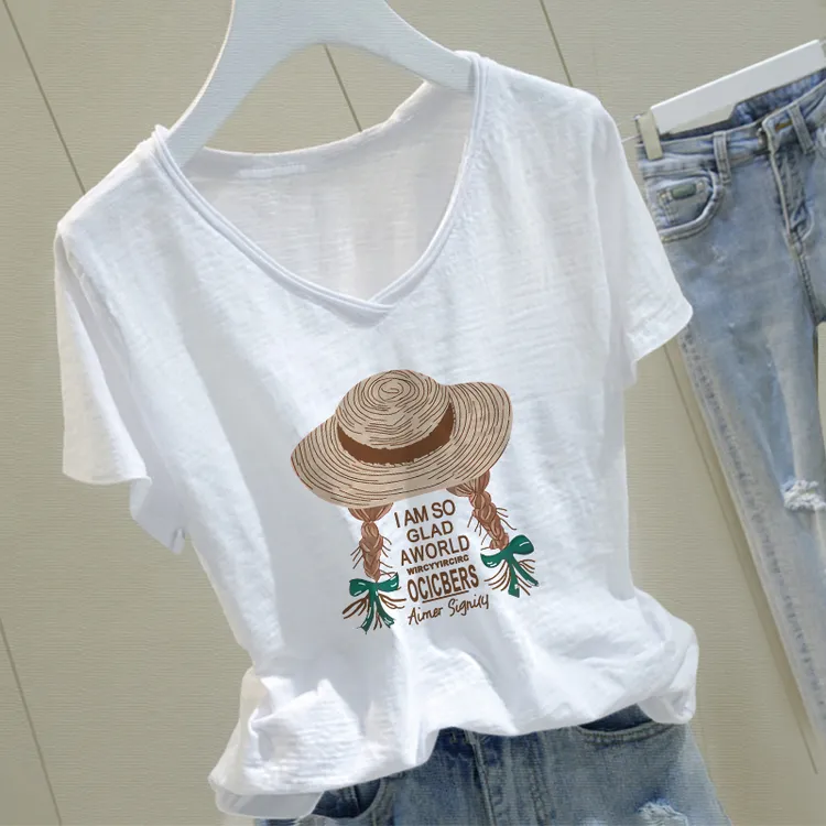 竹节棉V领短袖t恤卷边宽松女士夏季纯棉印花气质洋气时尚显瘦女装