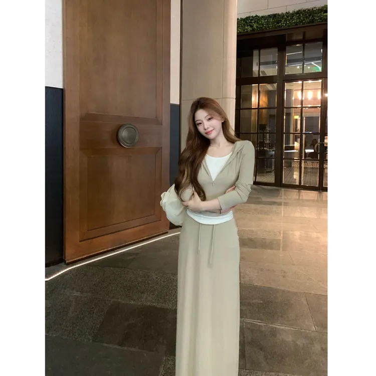 SZA【懒人穿搭】秋季新款韩系穿搭连帽长袖上衣+半身裙两件套A-2327