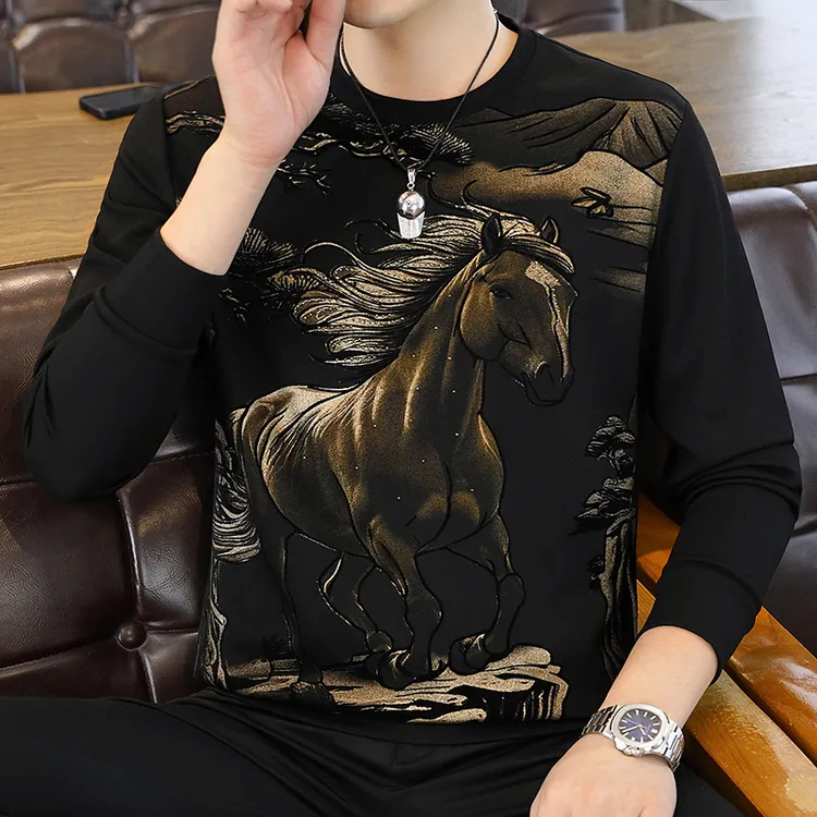 30-50岁秋款青年男士休闲印花圆领T恤宽松透气时尚上衣卫衣打底衫