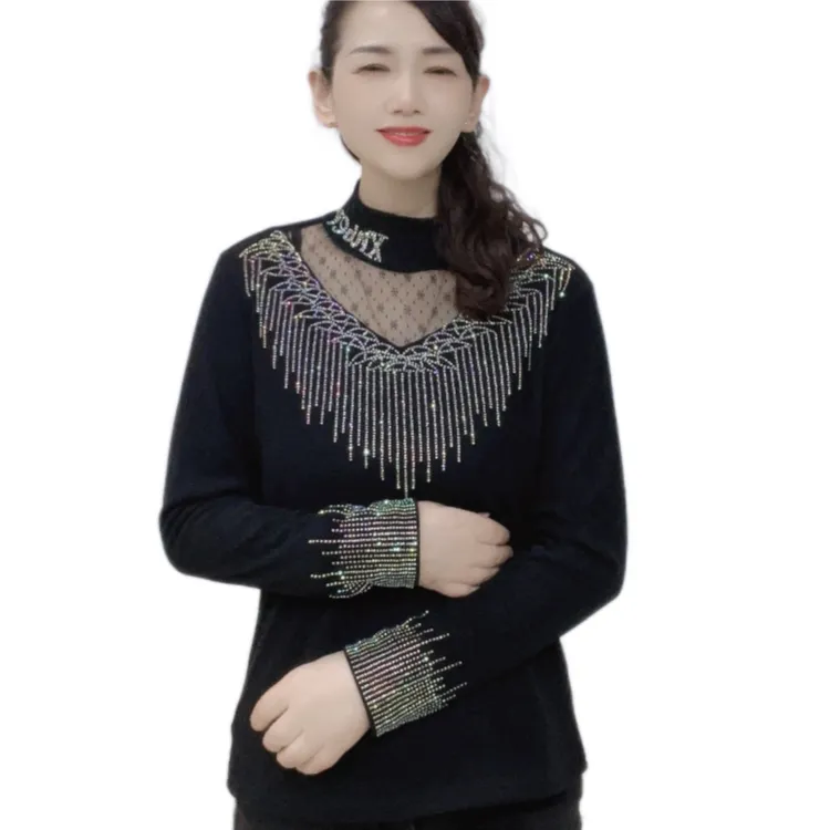 904网纱加绒加厚镂空半高领修身显瘦气质百搭打底衫T恤