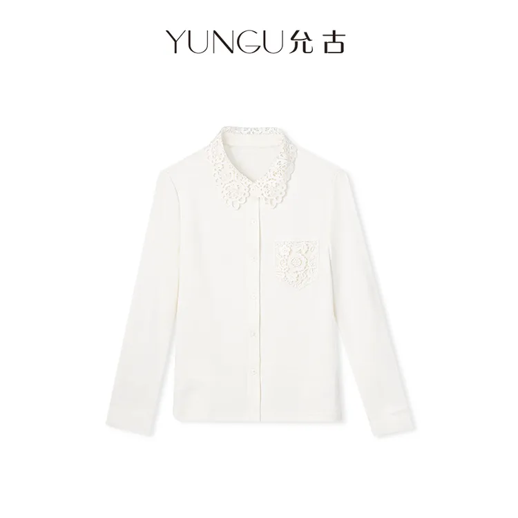 YUNGU允古 设计感拼接蕾丝翻领打底衫2025秋百搭气质减龄衬衫上衣