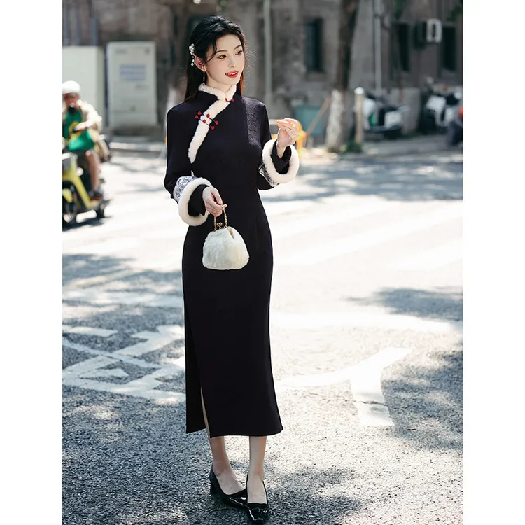 改良冬季加绒旗袍藏蓝色修身轻款复古民国风新中式绝美连衣裙女