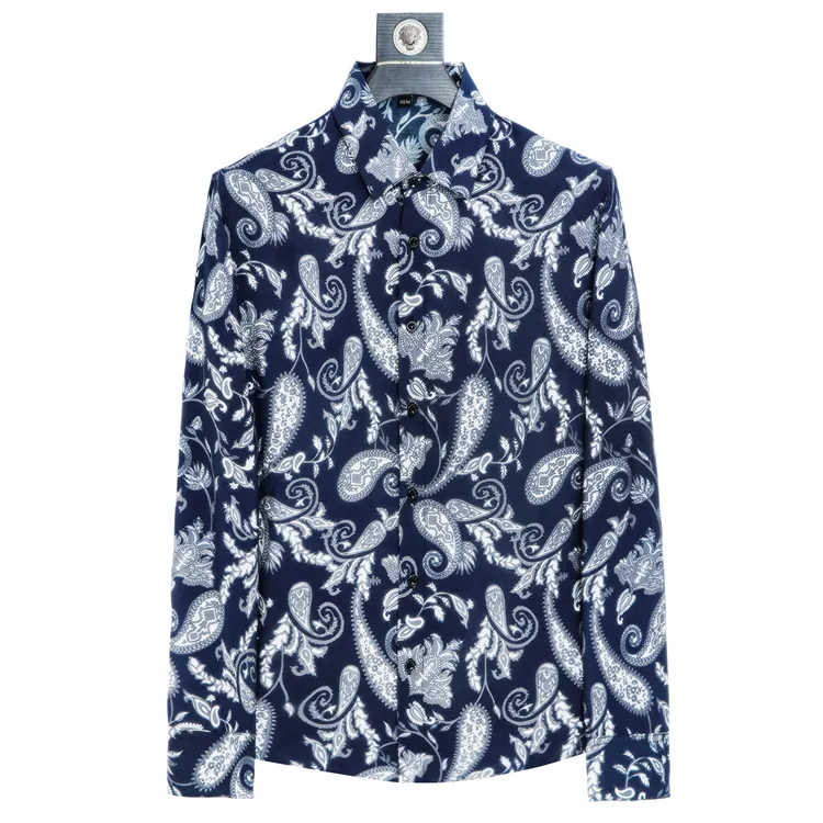 轻奢藏青腰果花满印宽松免烫抗皱轻熟风质感舒适日常通勤男衬衫