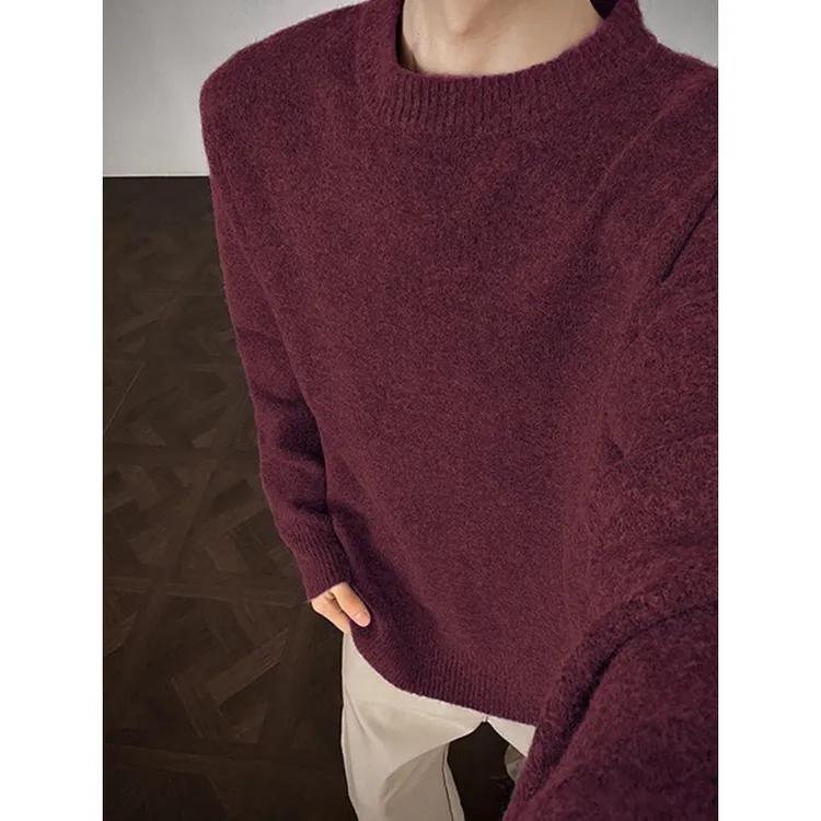 美式复古酒红色圆领毛衣男款秋冬高级感痞帅重磅慵懒风内搭针织衫