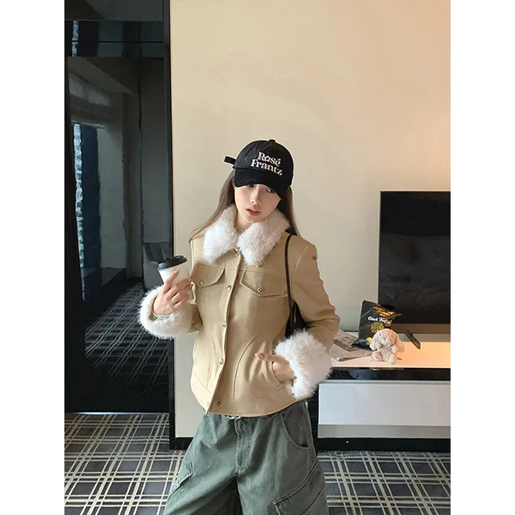 复古拼毛修身收腰夹克外套女秋季新款高级感小香风短款休闲上衣潮