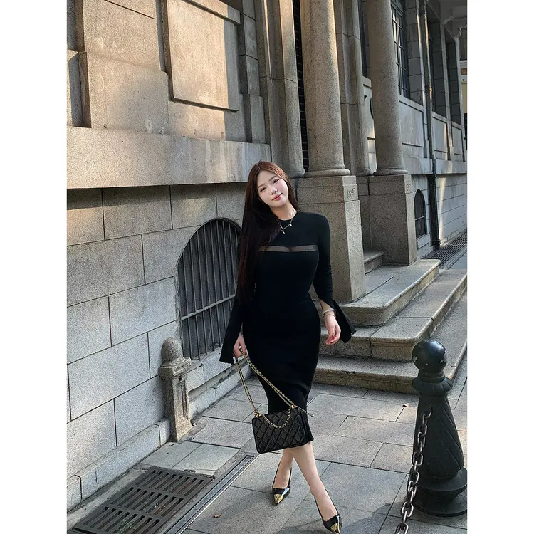 佳佳【秋信雾时】微胖大码长袖修身连衣裙秋季裙子网纱镂空包臀裙女