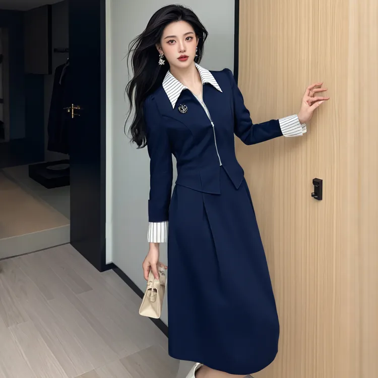 A2025气质显瘦中长设计感连衣裙制服时尚翻领气质连衣裙春季D0574