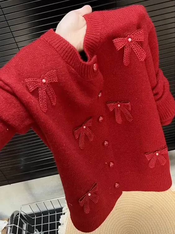 立体蝴蝶结圆领针织开衫女2025冬季新款内搭上衣圣诞红色好看毛衣