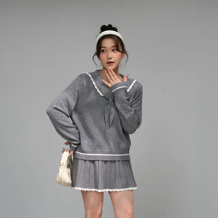 【鱼白专属】时尚清新海军领钩花边针织上衣+针织百褶短裙套装 6695