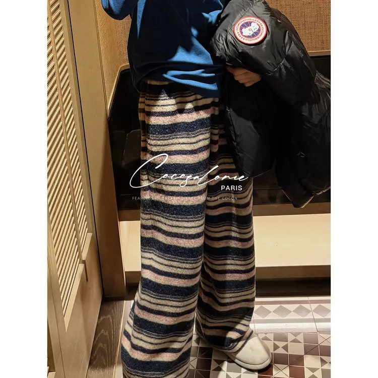 韩彬彬"沙发裤"磨毛加厚款复古条纹秋冬慵懒风松紧腰休闲裤3372-9