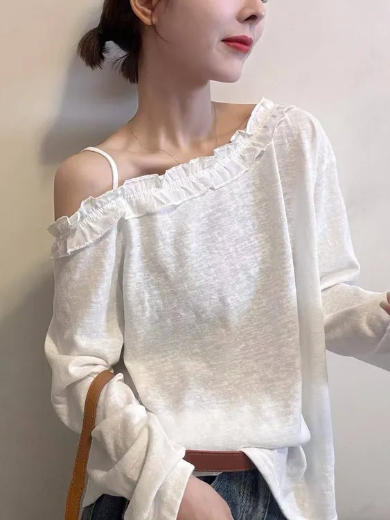 欧洲站2025秋季甜美欧吊带斜肩木耳边一字领长袖纯色宽松T恤上衣