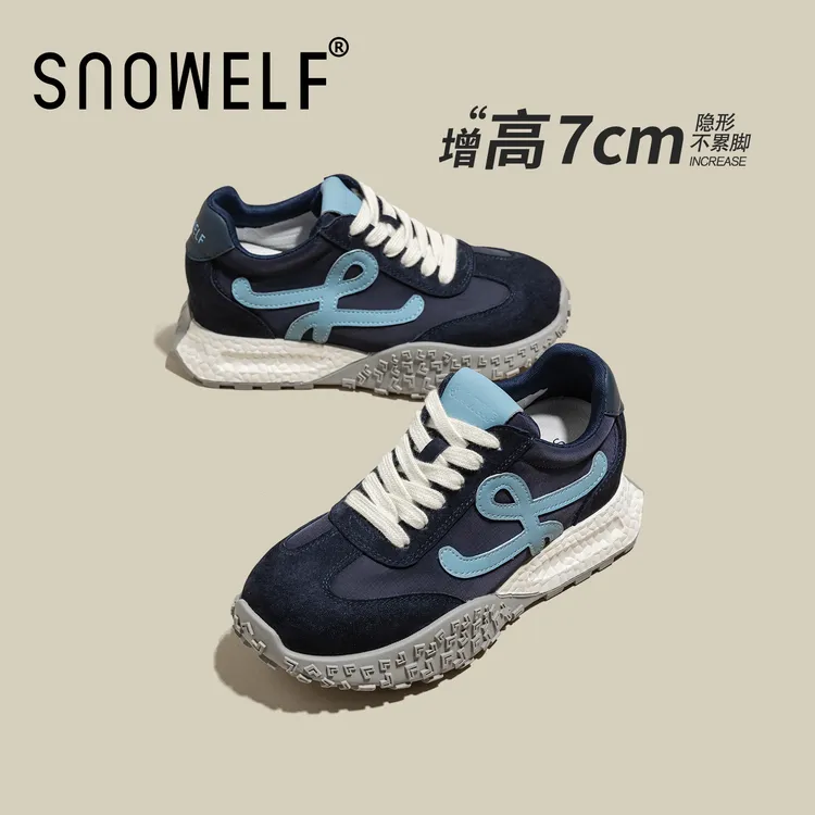 7CM蓝色厚底德训鞋女2025新款爆款秋季透气小个子内增高阿甘鞋