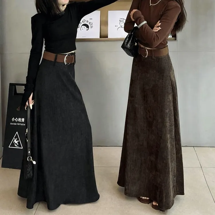 复古高腰遮胯垂感A字长裙女秋冬新款韩版宽松显瘦肌理感半身裙