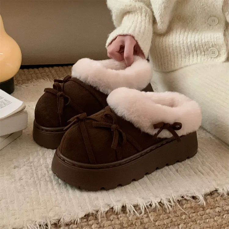 甜美蝴蝶结网红户外毛毛鞋女防滑厚底少女心冬季一脚蹬乐福棉拖鞋
