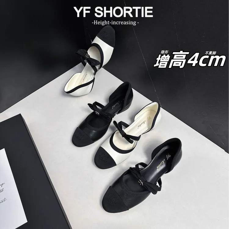 小个子增高4公分小香风蝴蝶结拼色圆头中空凉鞋女夏季外穿配裙子