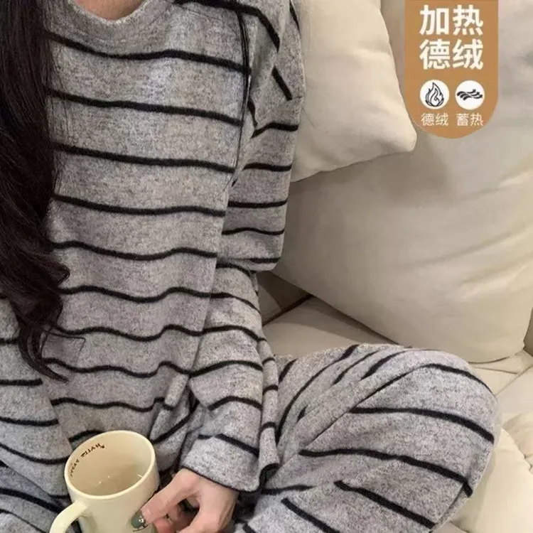 【秋冬德绒-圆领灰条纹套装】长袖睡衣女加厚甜美韩版家居服套装