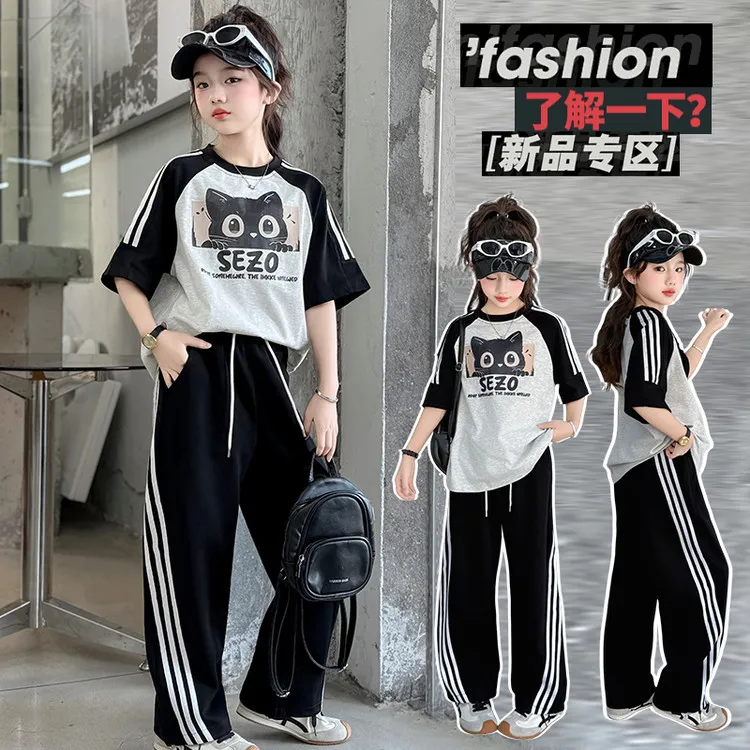 新款女童夏季休闲套装时髦中大童阔腿裤短袖洋气两件套