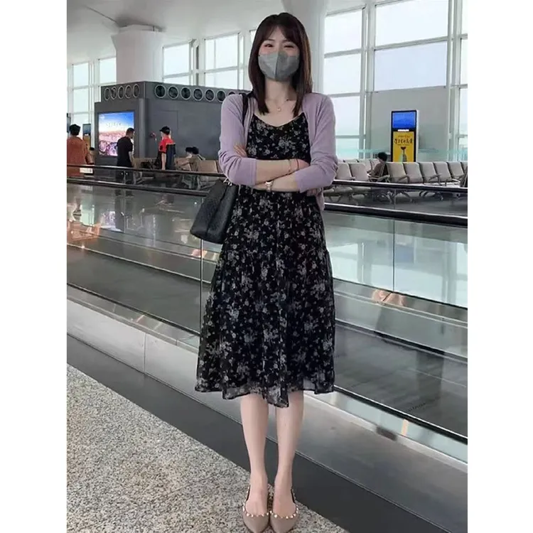 夏季新款女神范碎花A字裙显瘦吊带连衣裙长袖紫色外披两件套装女