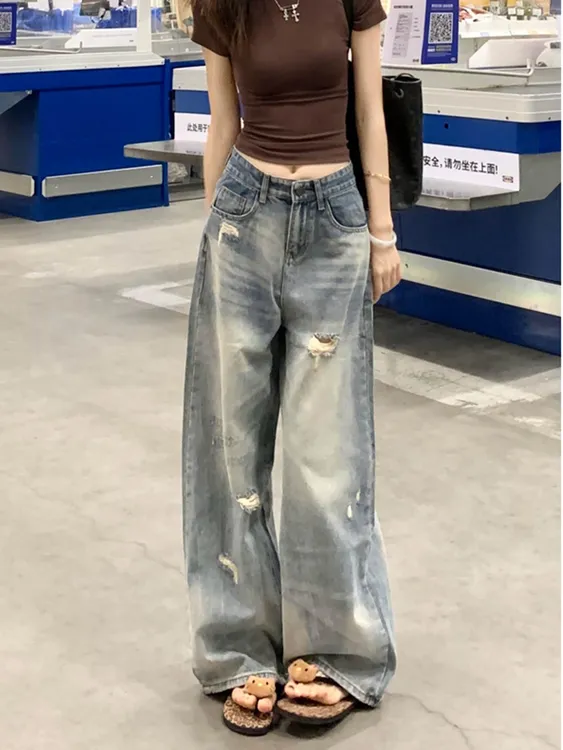 大码美式破洞阔腿牛仔裤女夏季新款显瘦高个子宽松高腰百搭拖地裤