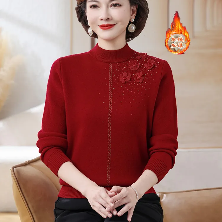 本命年红毛衣妈妈秋冬季保暖内搭上衣服中老年女装加绒加厚打底衫