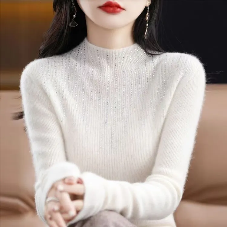 鄂尔市新款半高领羊毛针织毛衣女纯色烫钻秋冬加厚打底衫潮