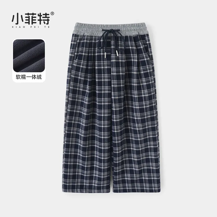 小菲特女童冬加绒直筒裤中大童保暖格子裤儿童加厚裤子HNKD56689