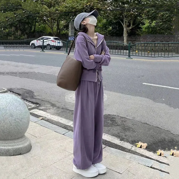 高级感紫色连帽长袖卫衣外套抽绳阔腿长裤女秋季2025新款时尚套装