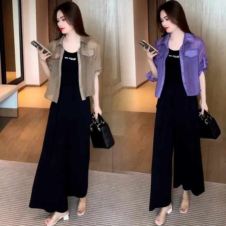 时尚套装女2025春夏新款洋气休闲显瘦设计感防晒衬衣阔腿裤两件套