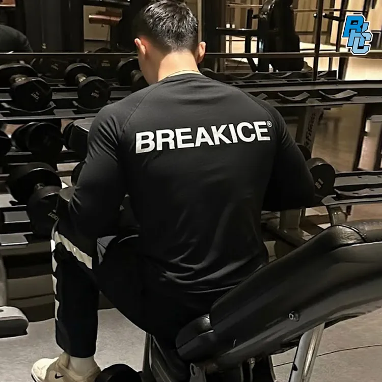 BREAKICE美式字母印花长袖运动T恤男灰色跑步健身吸湿排汗紧身衣