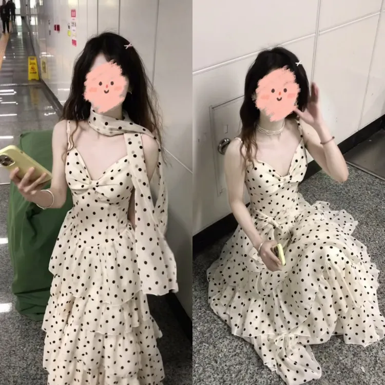 法式波点吊带连衣裙a字蛋糕裙女2025夏季新款甜美温柔风长裙